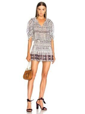 Ulla Johnson Nour Silk Mini Dress Smocked Waist Puff Sleeve Boho Print Size 0 XS